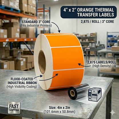 Rouleau de 2 875 étiquettes de transfert thermique orange 4x2 pouces sur mandrin de 3 pouces pour impression industrielle de codes-barres.