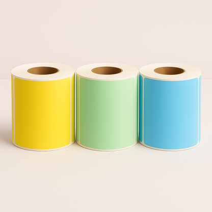 Rouleaux industriels d'étiquettes de transfert thermique couleur 4x4 pouces en jaune, bleu et rouge sur noyau de 3 pouces pour imprimantes Zebra.