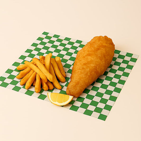 crispy fish fillet and golden fries served on green and white checkered paper with a lemon wedge, styled on a cream-colored background. Ideal for foodservice packaging, Shopify product display, or eco-themed promotional content.