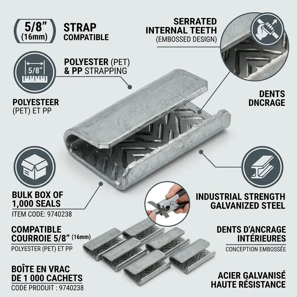 Greenbridge 5-8 inch open serrated galvanized metal strapping seals box of 1000 for polyester strapping