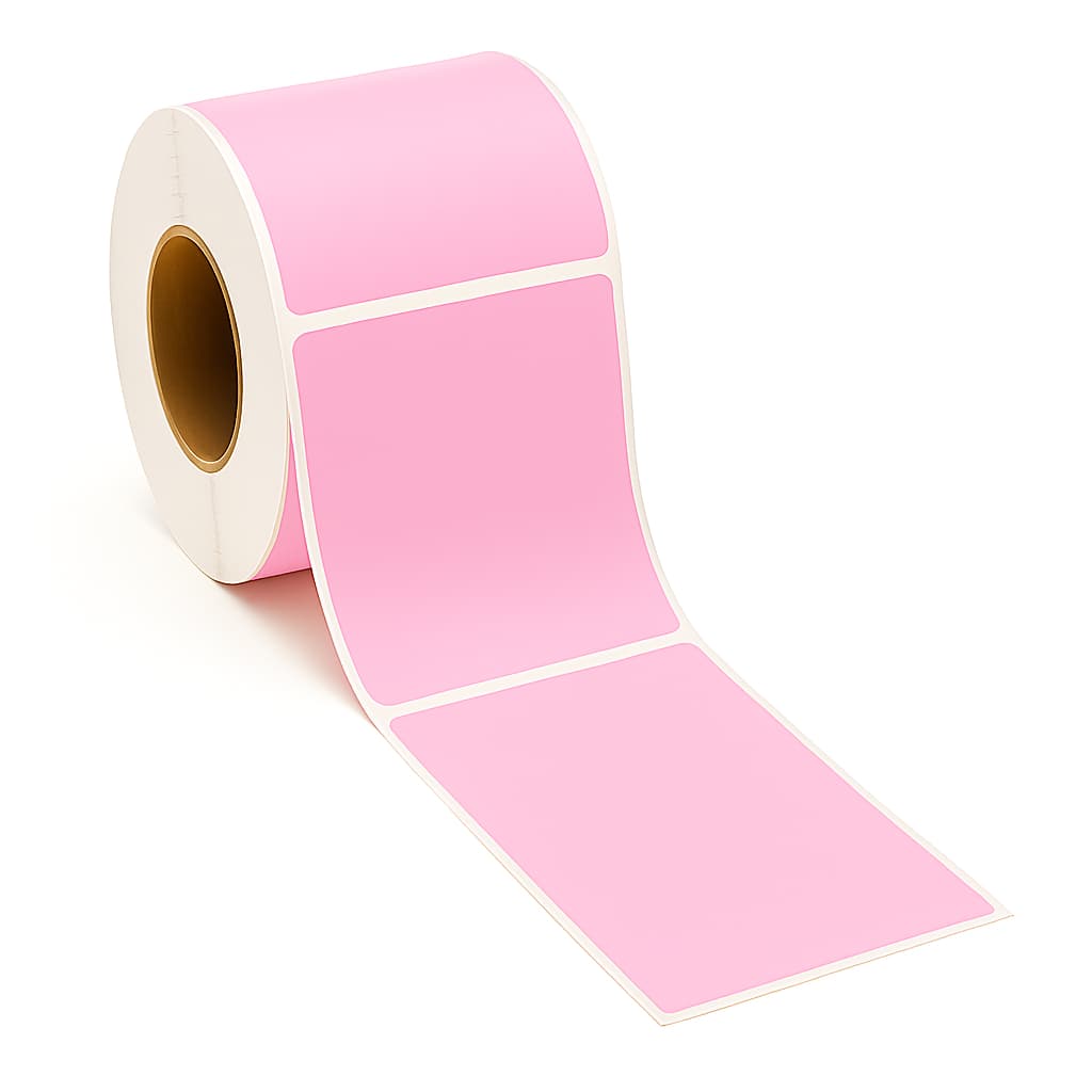 Roll of light pink adhesive shipping labels with white borders, unspooled on a white background