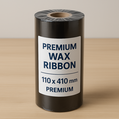 Industrial roll of black premium wax/resin thermal transfer ribbon, 4.33 inches wide by 1345 feet long, on a 1-inch core.