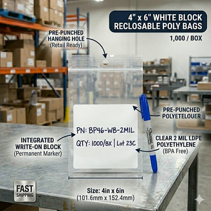 Boîte de 1 000 sacs de polyéthylène transparents 4x6 po avec une zone blanche inscriptible et un trou de suspension pour présentoir.