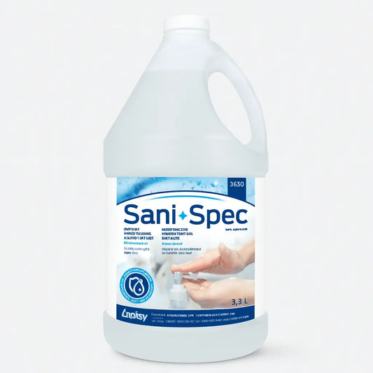 Sani-Spec 3.8 liter (1 gallon) industrial hand sanitizer gel jug, 70% alcohol formula for bulk refill stations.