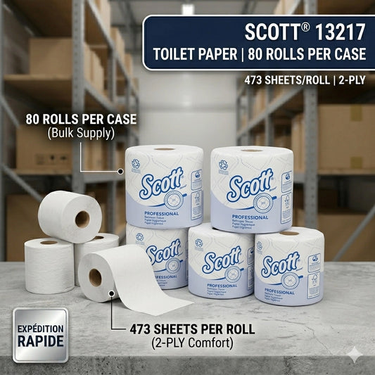 Bulk case of 80 rolls of Scott 13217 2-ply white recycled toilet paper, 473 sheets per roll, FSC certified.