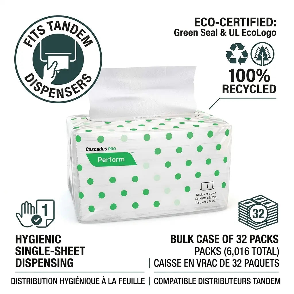 Serviettes de table intercalées blanches Cascades PRO T400 pour distributeur Tandem caisse de 32 paquets 6016 serviettes