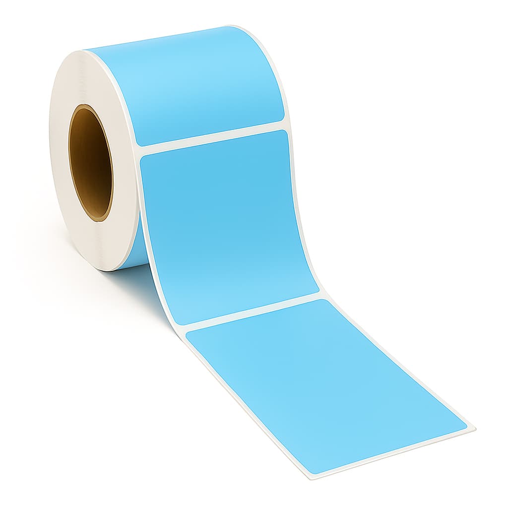 Roll of sky blue adhesive shipping labels with white borders, unspooled on a white background