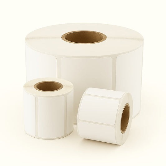 Roll of white adhesive thermal labels with visible gaps between each label, displayed on a white background. Ideal for Depot365.ca listings featuring barcode, inventory, or packaging supplies.