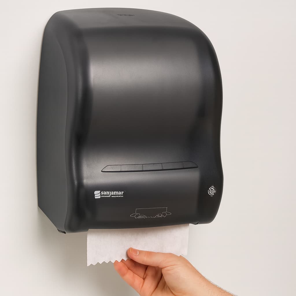 Touchless universal black hand towel roll dispenser for commercial washrooms
