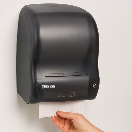 Touchless universal black hand towel roll dispenser for commercial washrooms