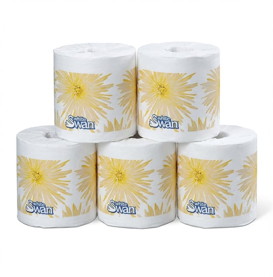 White Swan 05144 2-ply toilet paper — 48 rolls per case, 418–429 sheets per roll, recycled fibre