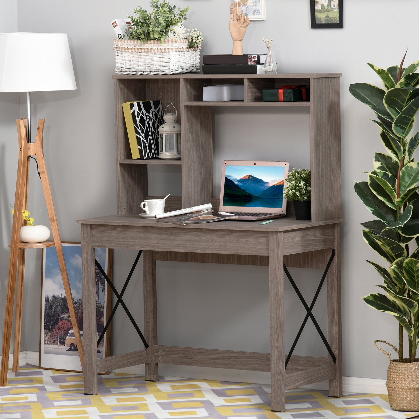Rectangle Computer Desk with Hutch and Bookshelf – Brown Wood Grain Workstation