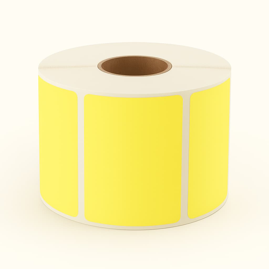 Roll of bright yellow adhesive thermal labels with rounded corners and visible spacing between each label, displayed on a white background. Ideal for Depot365.ca listings featuring barcode, inventory, or packaging supplies.
