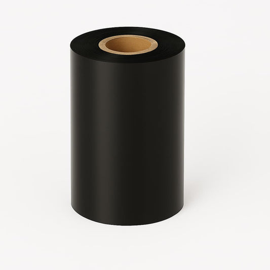 Black wax thermal transfer ribbon roll for Zebra desktop printers, 4.33 inches wide and 244 feet long